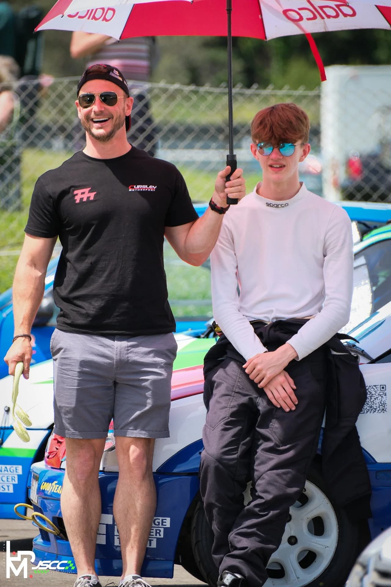 Ash Miller and Matthew Swatton chill in the assembly area ahead of race three at Pembrey